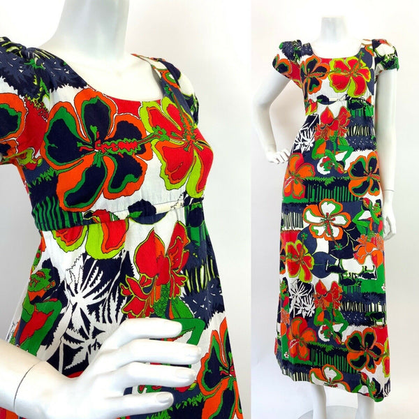 VINTAGE 60s 70s BLUE WHITE GREEN ORANGE HAWAIIAN FLORAL EMPIRE LINE MAXI DRESS 8