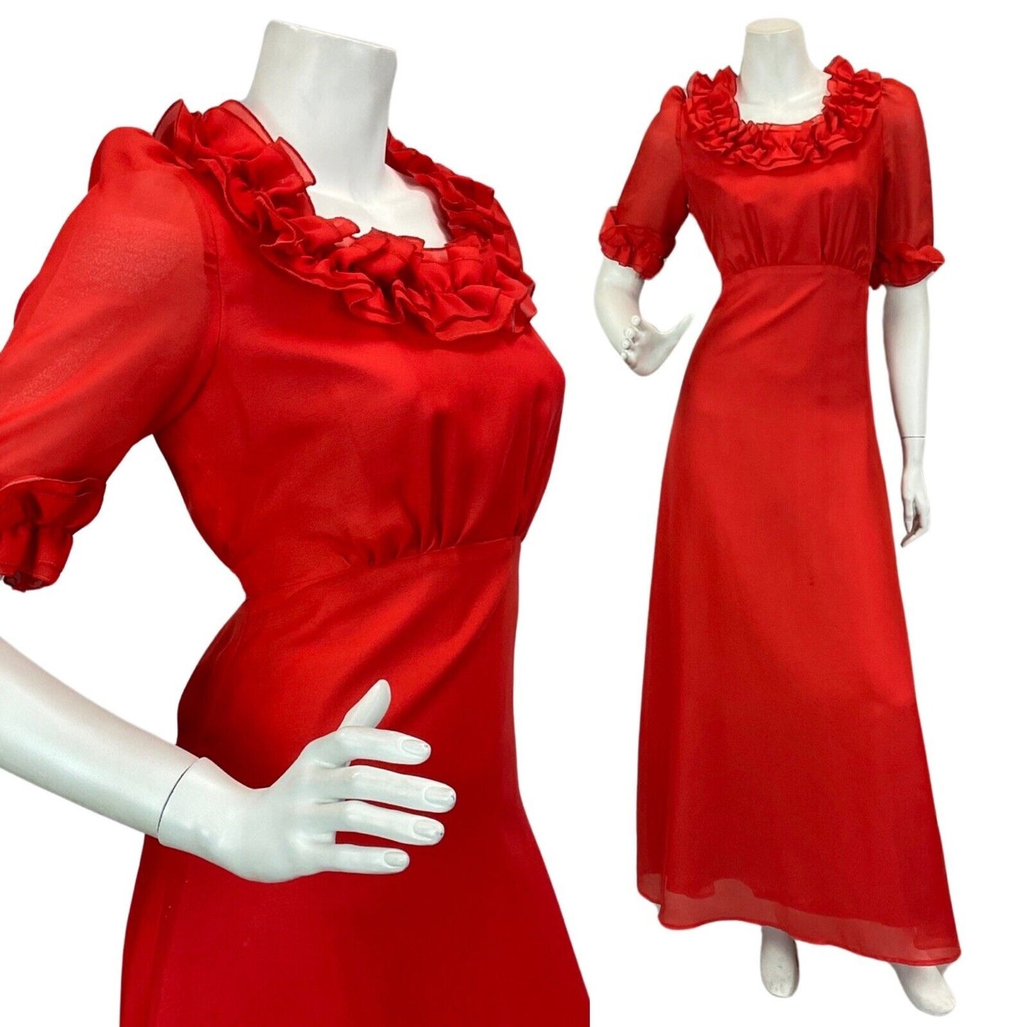 VINTAGE 60s 70s RED RUFFLE PRAIRIE FOLK MAXI DRESS 6