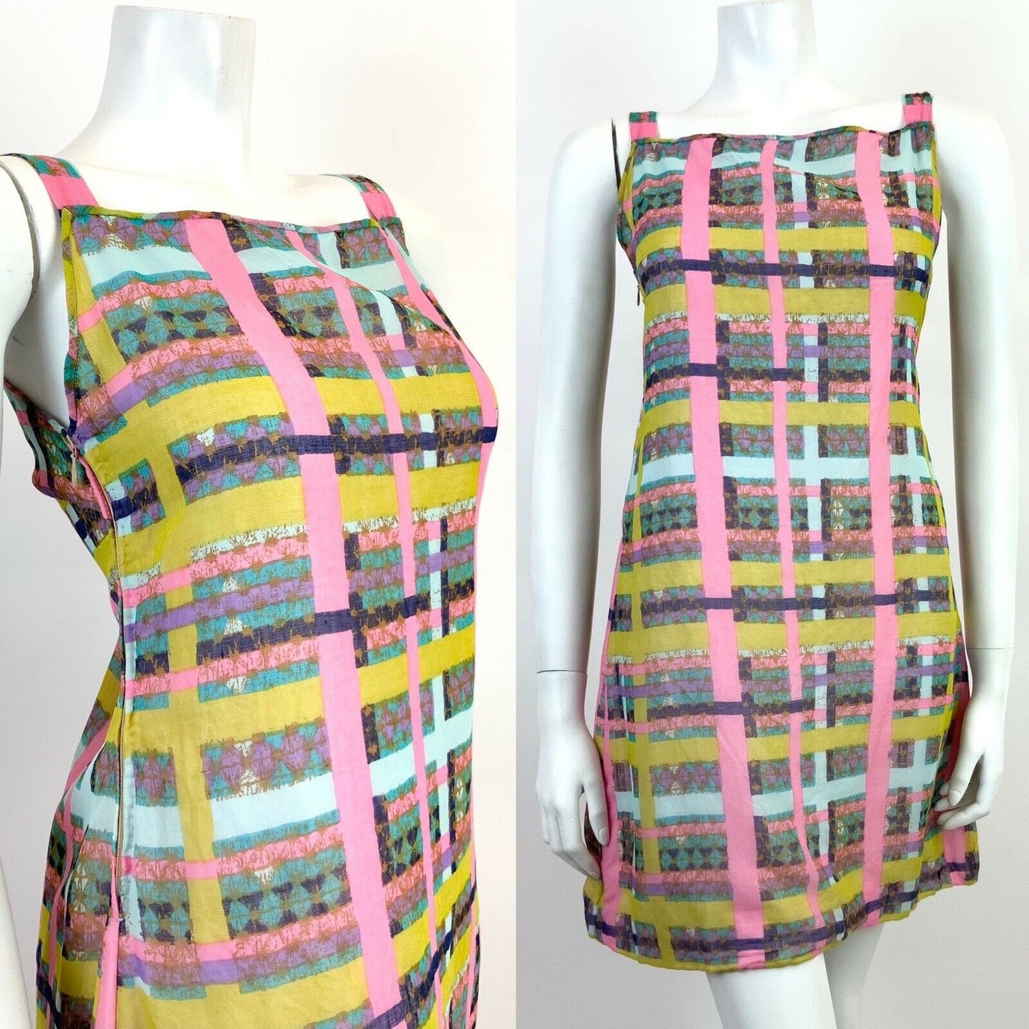 VINTAGE 60s 70s BLUE PINK YELLOW CHECKED BATIK MOD SHEER STRAPPY MINI DRESS 6 8