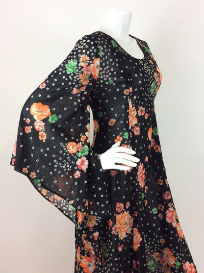 BLACK GREEN ORANGE VTG 70S FLARE SLEEVE MAXI DRESS 10 12