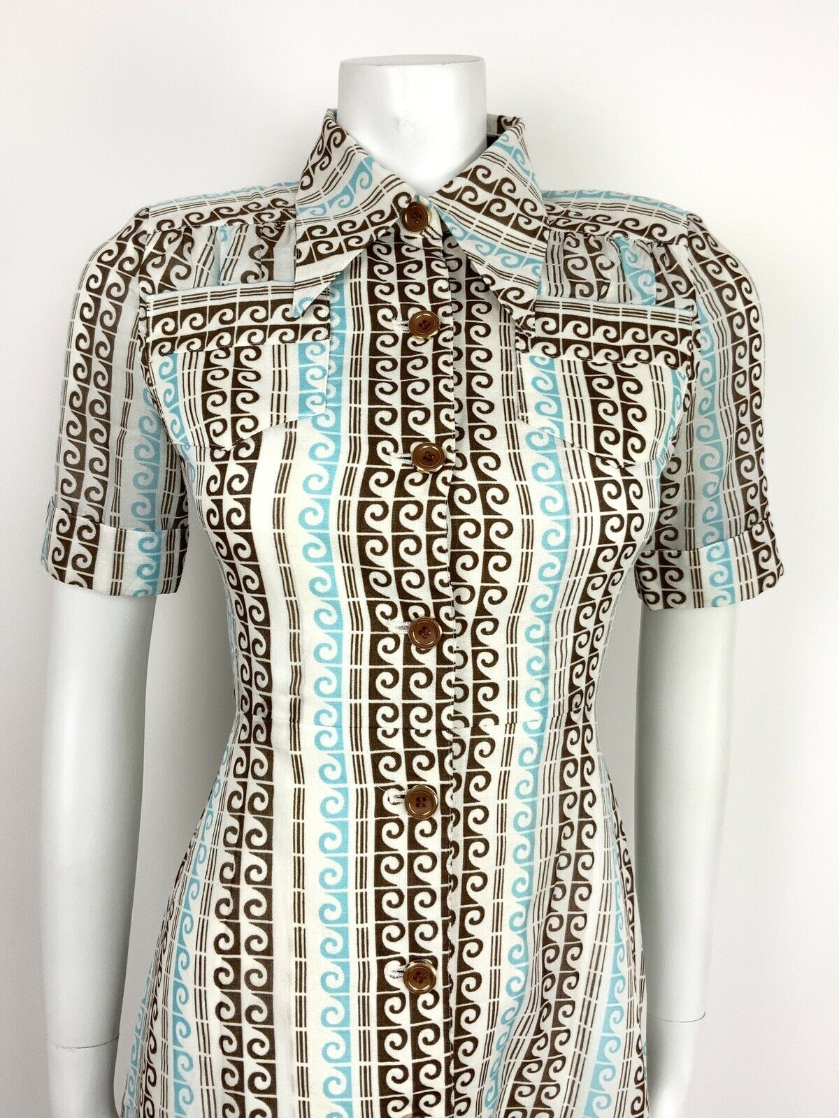 VTG 60s 70s BLUE BROWN WHITE GOLD WAVE OP ART DAGGER COLLAR SHIRT DRESS 8 10