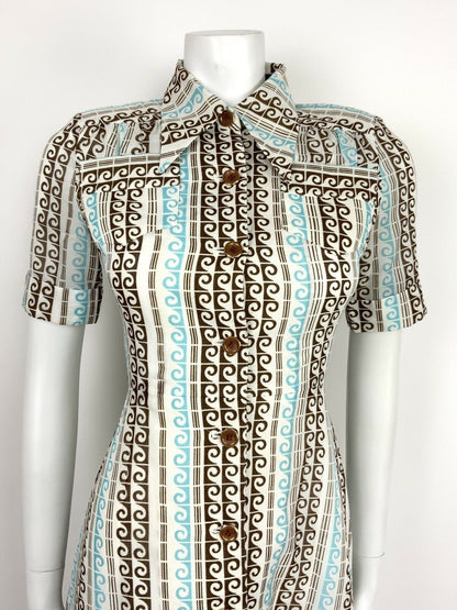 VTG 60s 70s BLUE BROWN WHITE GOLD WAVE OP ART DAGGER COLLAR SHIRT DRESS 8 10