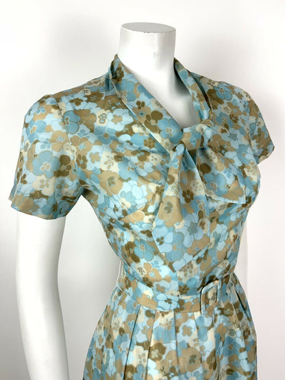 VTG 50s 60s BLUE BEIGE BROWN BELTED PSYCHEDELIC FLORAL PLEATED TEA DRESS 10