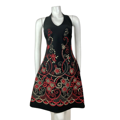 VINTAGE 60s 70s BLACK RED GOLD FLORAL EMBROIDERED PARTY GLAM HALTER DRESS 14