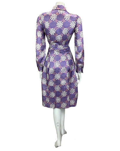 VINTAGE 60S 70S PURPLE LILAC FLORAL PRINT BOHO PSYCHEDELIC MIDI DRESS 12