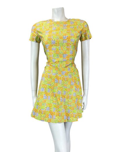 VINTAGE 60s 70s GREEN ORANGE BLUE PATCHWORK DITSY FLOWER MOD MINI DRESS 8 10