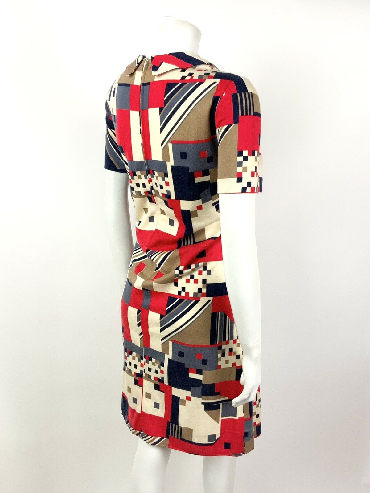 VINTAGE 60s 70s CREAM RED BLUE BROWN GEOMETRIC MOD DAGGER SHIFT DRESS 10 12