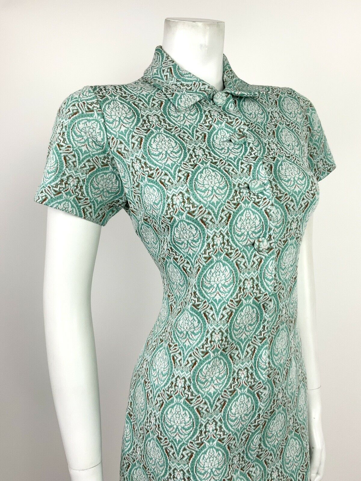 VTG 60s 70s MINT GREEN WHITE BROWN DAMASK ART NOUVEAU FLORAL COLLAR DRESS 12 14