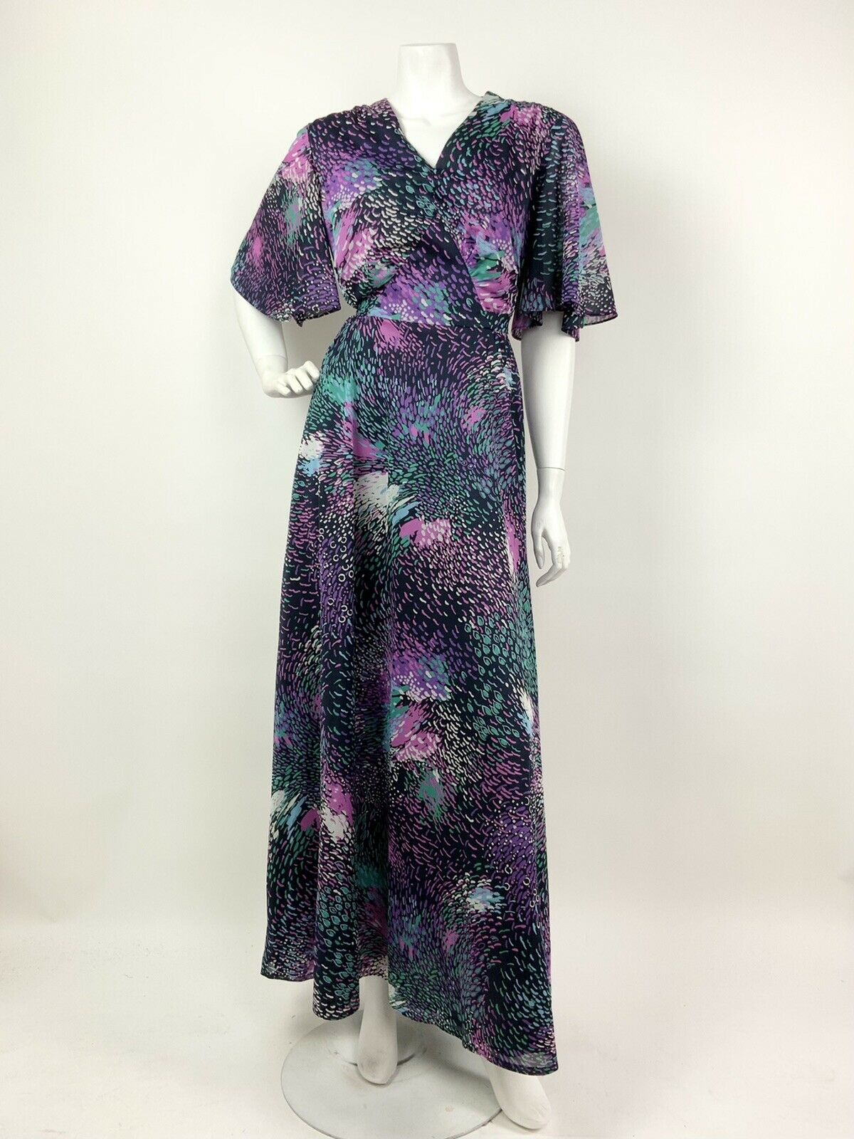 VTG 60s 70s BLACK PINK GREEN PURPLE ABSTRACT SHEER CAPE SLEEVE MAXI DRESS 12 14