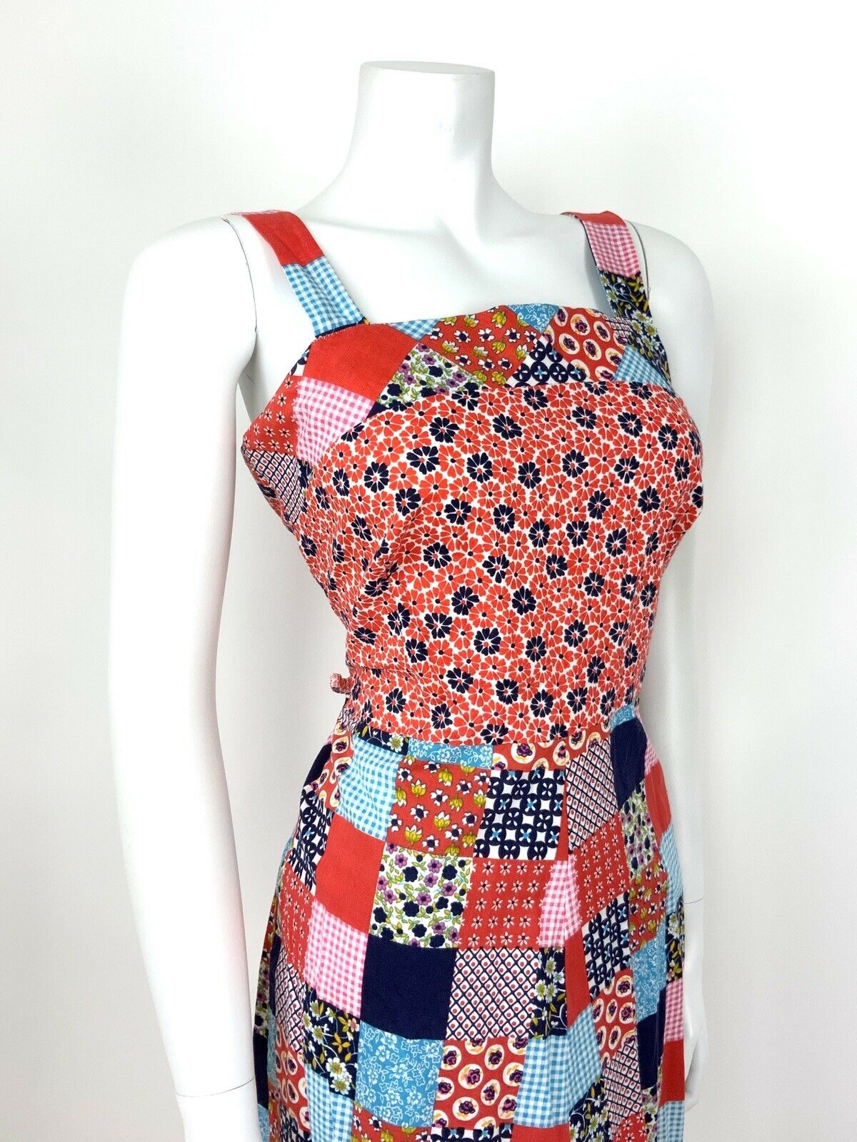 VTG 60s 70s RED BLUE WHITE PINK FLORAL PATCHWORK GINGHAM SUNDRESS GYPSY BOHO 10