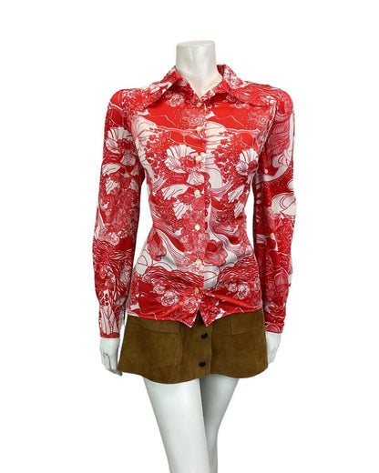 VINTAGE 60s 70s WHITE RED FLORAL PSYCHEDELIC DAGGER COLLAR SHIRT 14