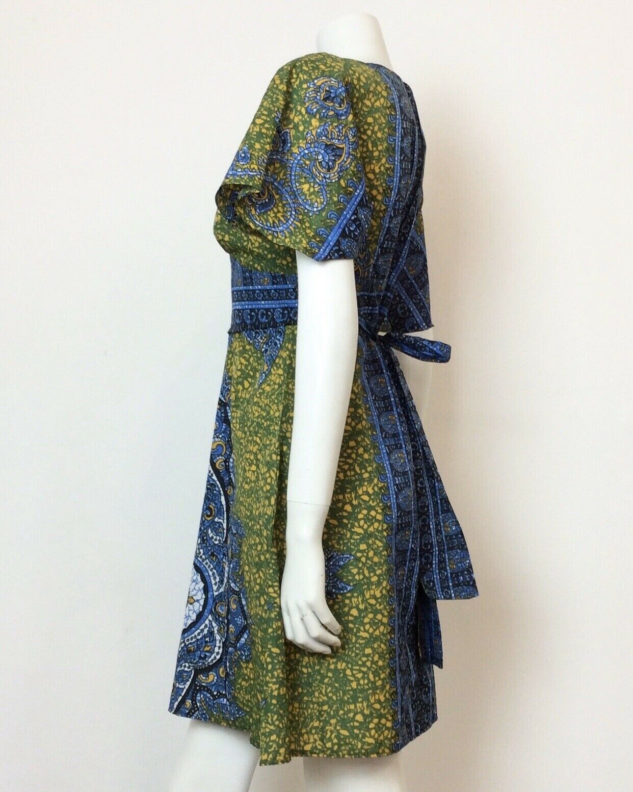 VINTAGE 70S GREEN BLUE YELLOW BATIK ETHNIC KAFTAN DRESS 10