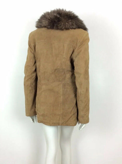 70s VTG BROWN TAN SUEDE LEATHER JACKET FUR TRIM COAT PENNY LANE SHEARLING 16 18