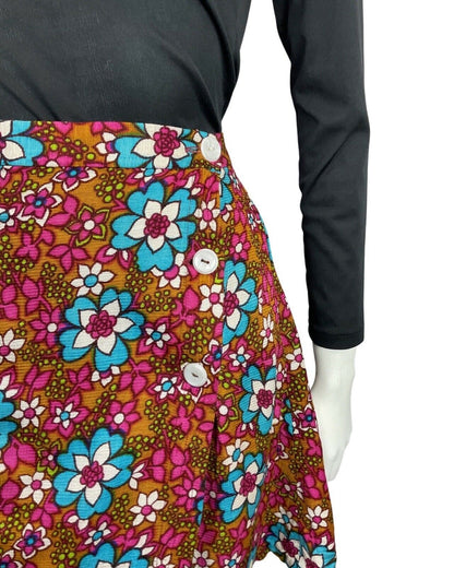 VINTAGE 60s 70s BROWN PINK BLUE FLORAL DAISY PSYCHEDELIC MOD WRAP SHORT SKIRT 8