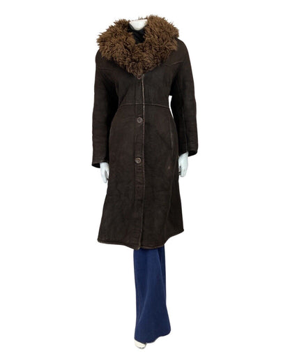 VINTAGE 60s 70s DARK BROWN SUEDE LEATHER LONG BOHO SHEARLING COAT 16