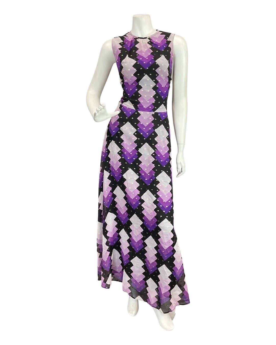 VINTAGE 60s 70s PURPLE BLACK SILVER DIAMOND GEOMETRIC MOD MAXI DRESS 10