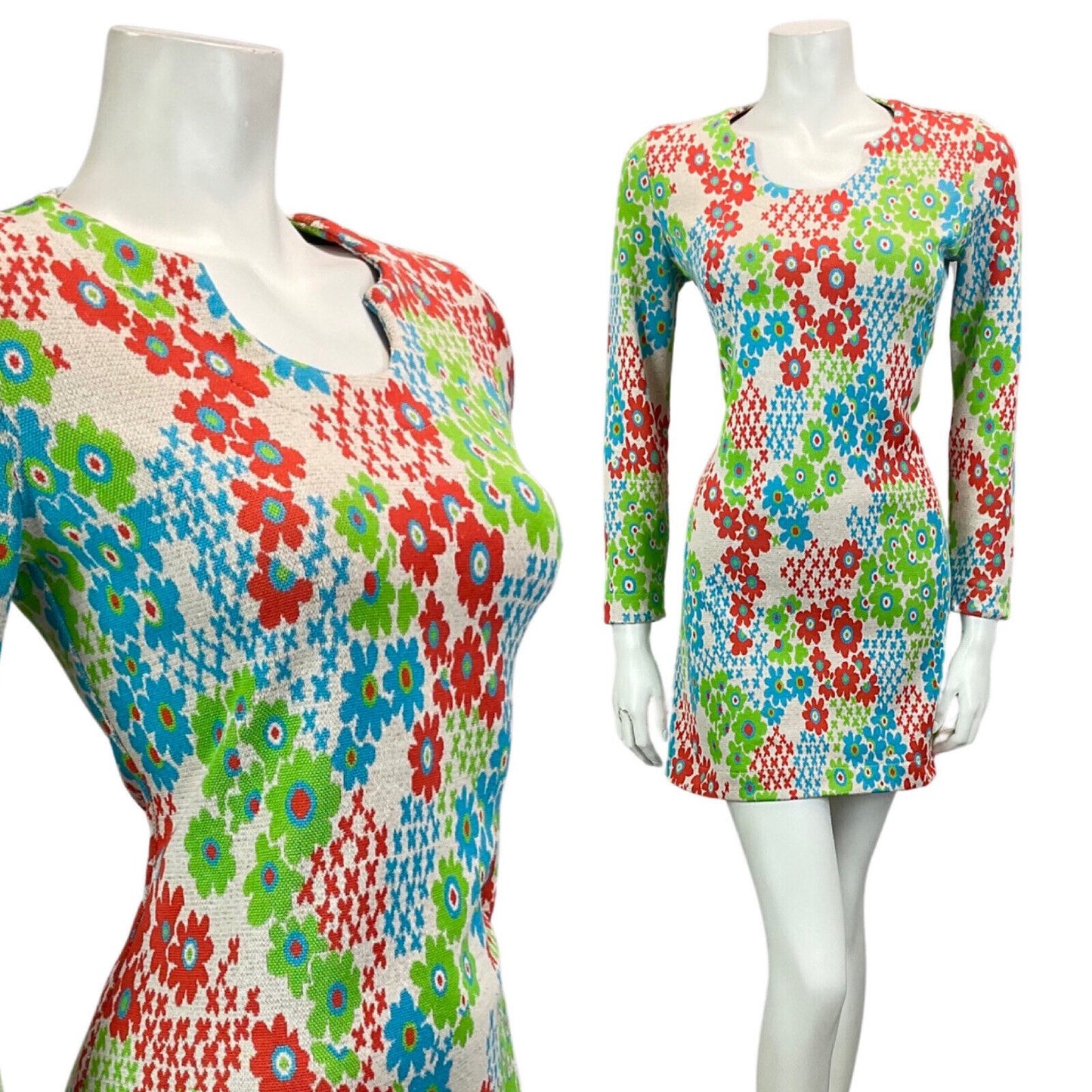 VINTAGE 60S 70S GREY RED GREEN BLUE FLORAL PRINT BOHO MOD MINI DRESS 8