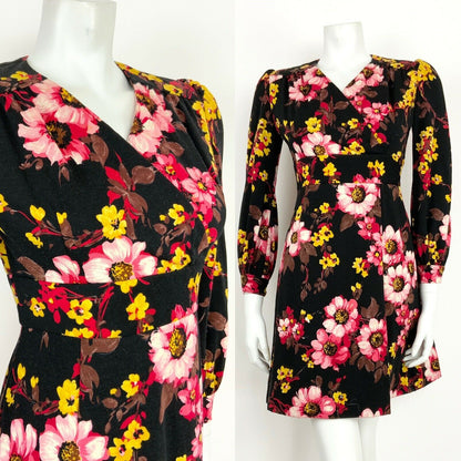 VINTAGE 60s 70s BLACK PINK YELLOW FLORAL BOHO WRAP DRESS 10 12