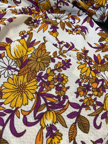 VINTAGE 60s 70s CREAM ORANGE PURPLE BROWN FLORAL PRINT BOHO MIDI DRESS 10 12