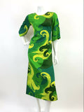 VINTAGE 60s 70s GREEN YELLOW HAWAIIAN PSYCHEDELIC SWIRLING MOD MAXI DRESS 8 10