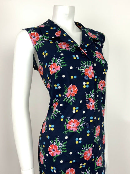 VTG 60s 70s FLORAL POLKA DOT BLUE PINK YELLOW GREEN SHIRT SHIFT DRESS 12