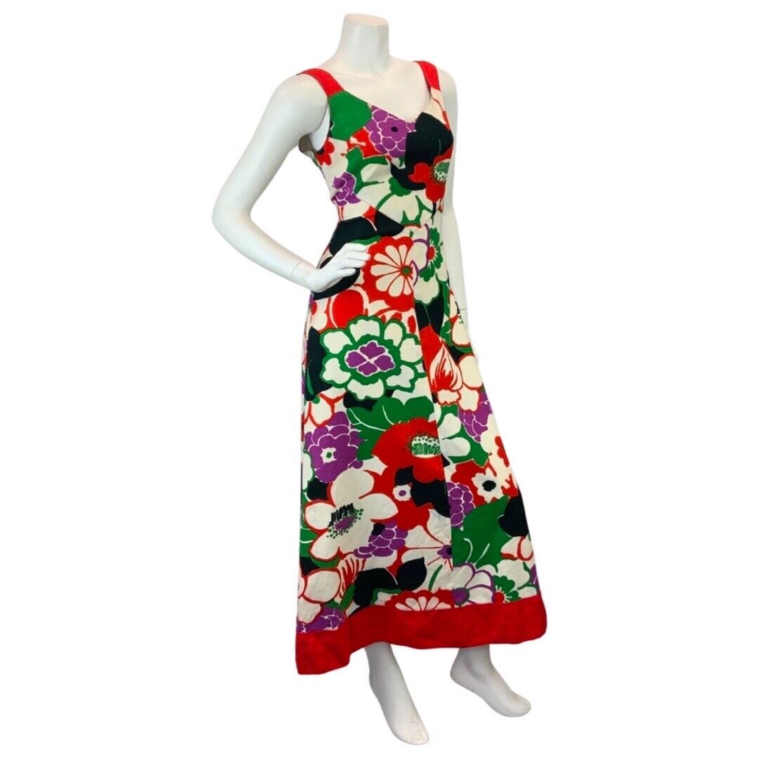 VINTAGE 60s 70s WHITE RED GREEN PSYCHEDELIC FLORAL SLEEVELESS MAXI DRESS 10