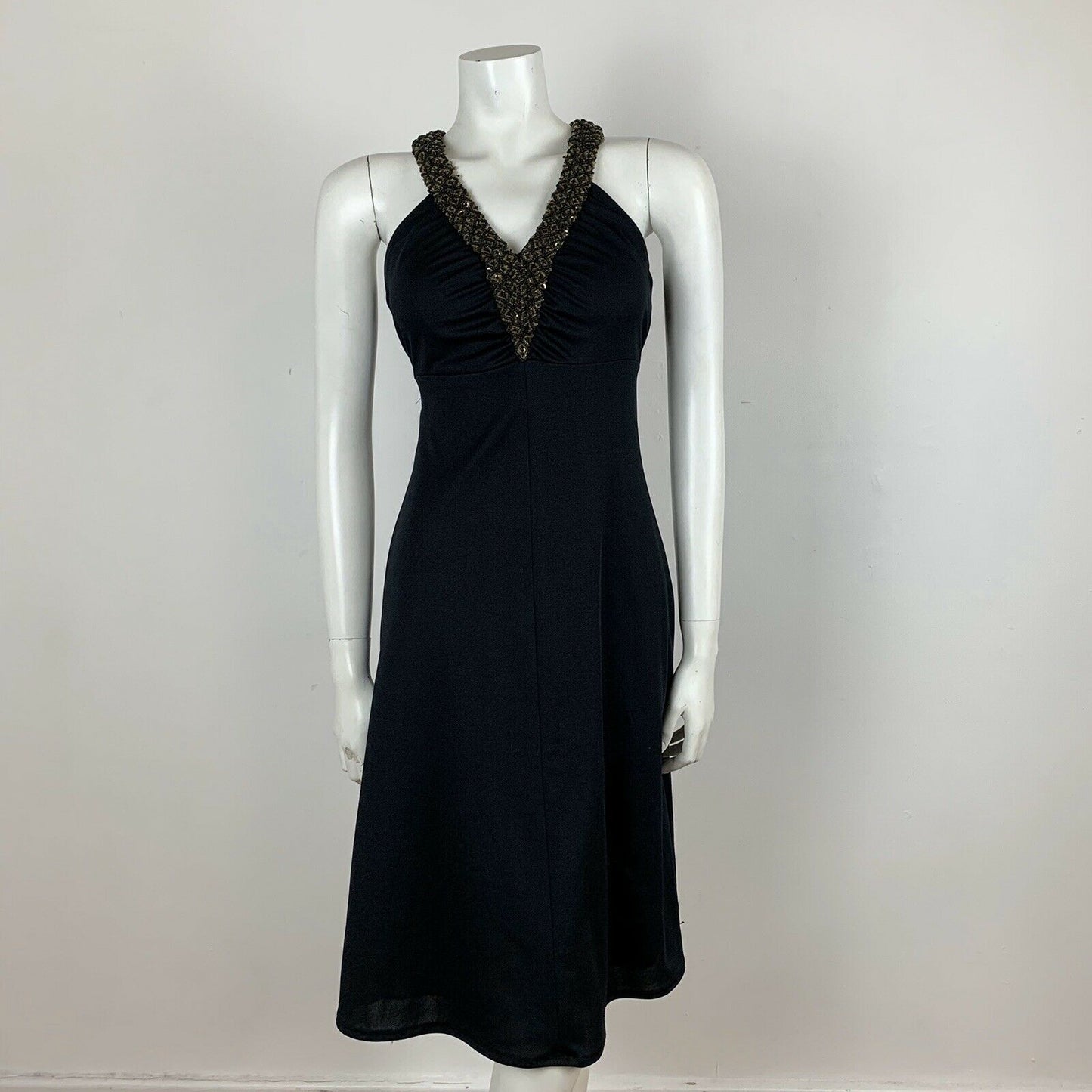 VINTAGE 70S BLACK GOLD BEADED HALTER NECK DRESS 6 8