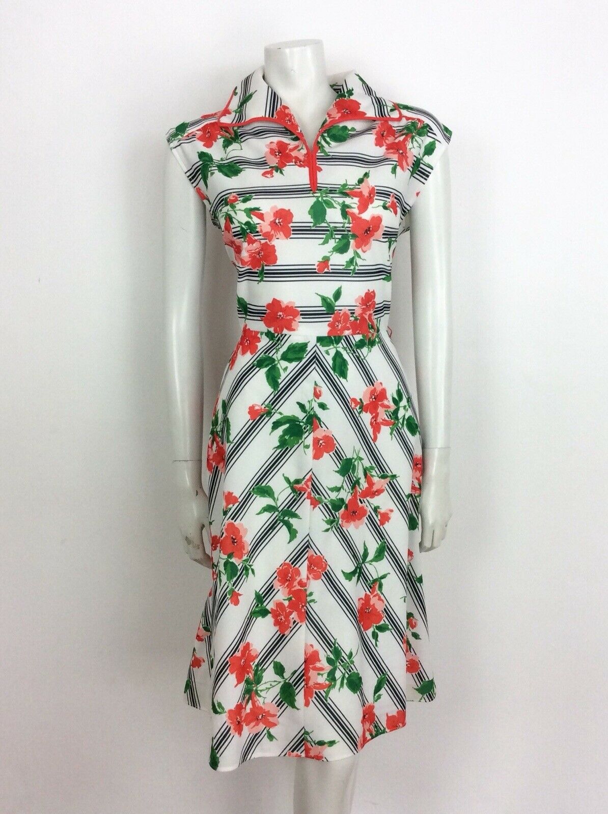 VINTAGE 70s FLORAL STRIPED SUMMER DRESS WHITE RED GREEN 12 14