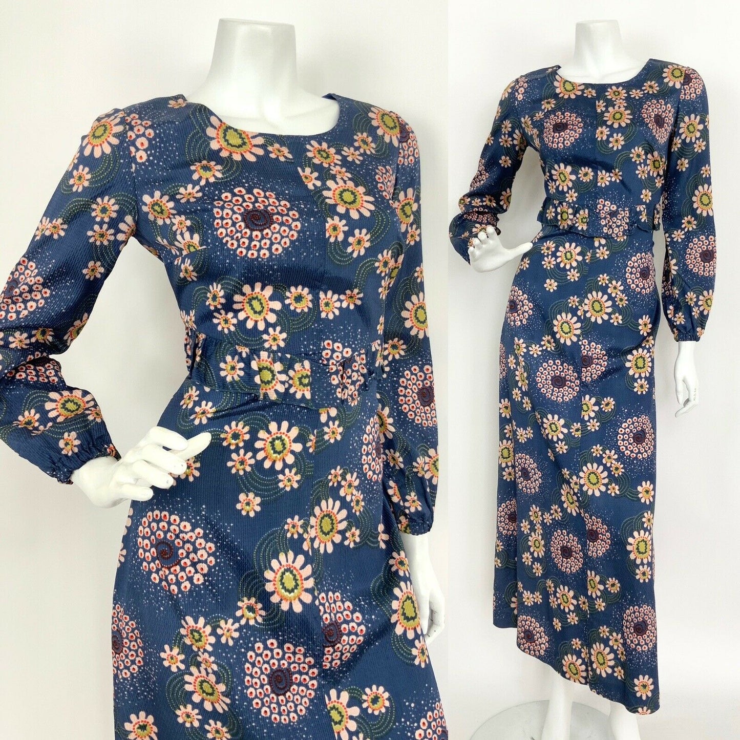 VTG 60s 70s BLUE PINK GREEN PSYCHEDELIC DAISY FLORAL PEPLUM RUFFLE MAXI DRESS 10