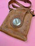 VTG 60s 70s TOFFEE BROWN SILVER STUDDED STAMPED BOHO FOLK LEATHER SHOULDER BAG