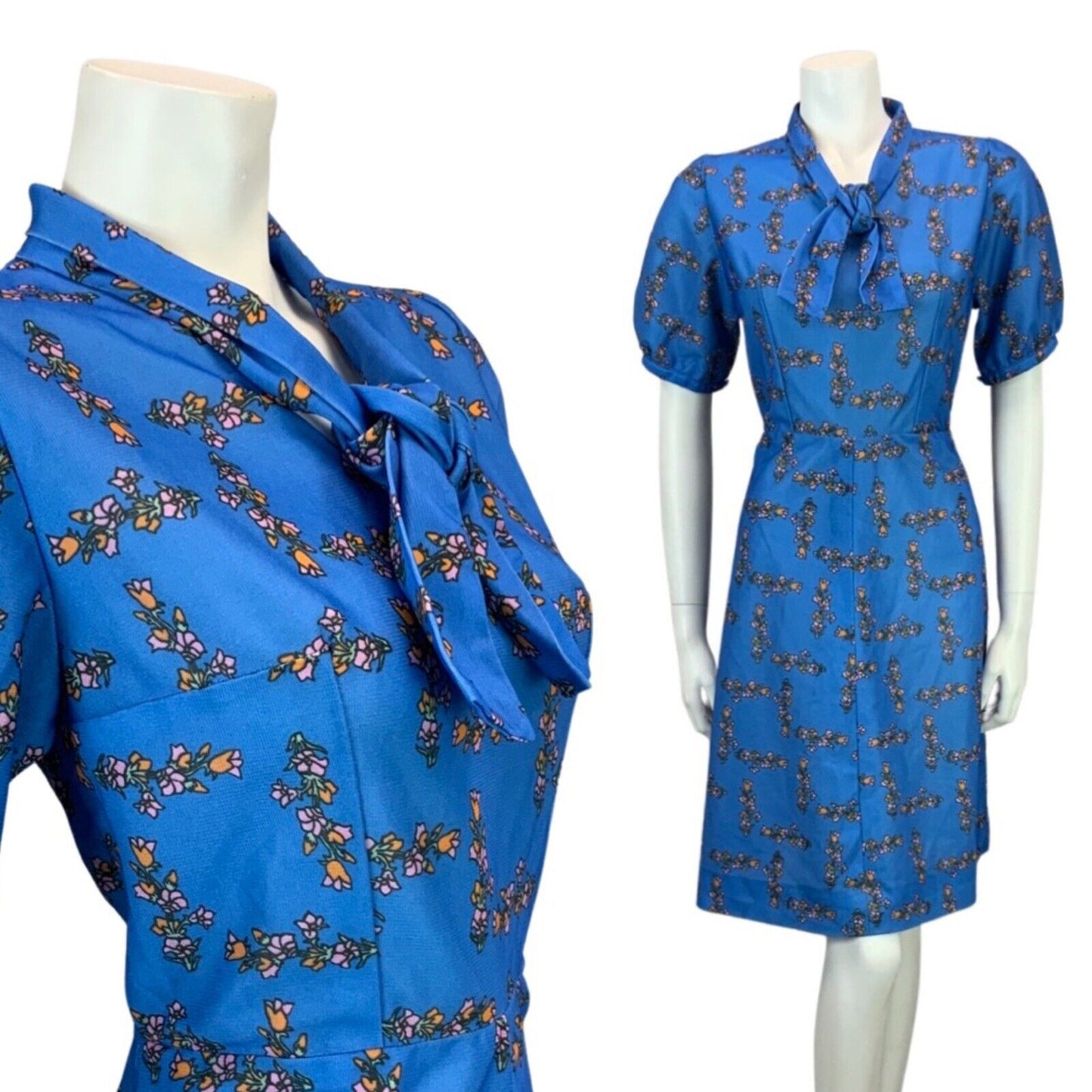 VINTAGE 60s 70s BLUE PINK ORANGE FLORAL BOW TIE MOD MINI DRESS 8 10