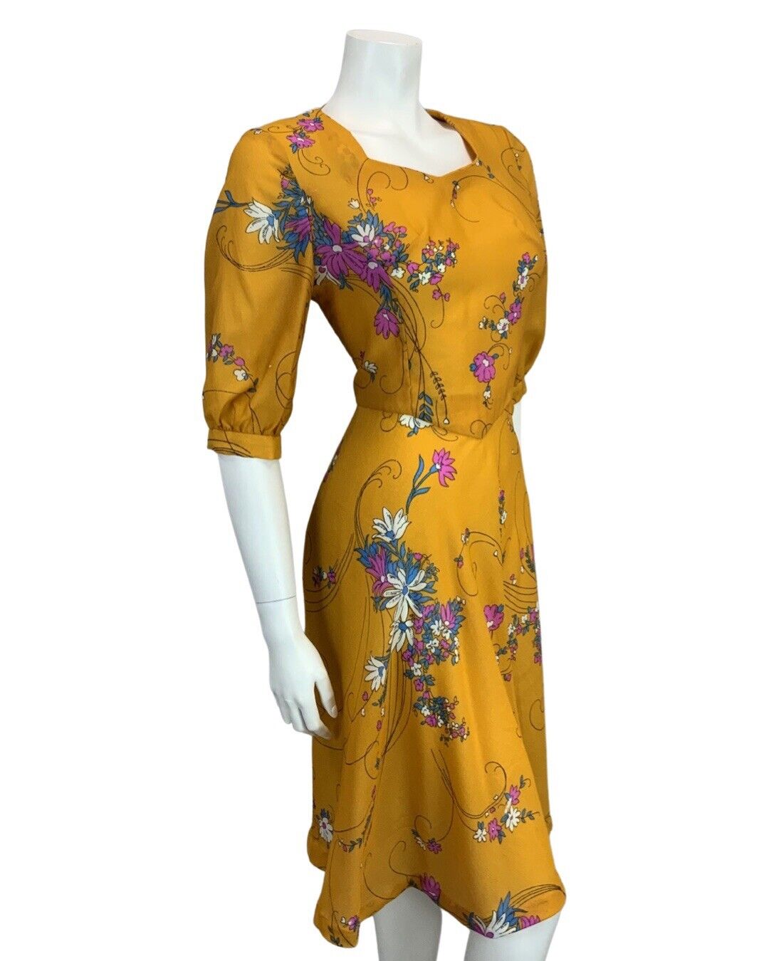 VINTAGE 60s 70s ORANGE MUSTARD YELLOW PINK BLUE FLORAL PRINT MIDI DRESS 10 12