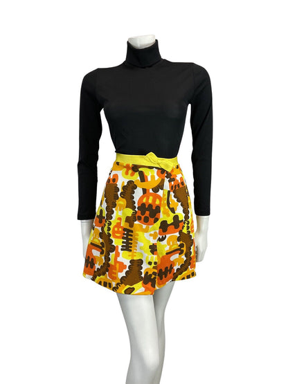 VINTAGE 60s 70s YELLOW ORANGE BROWN WHITE PSYCHEDELIC AUTUMNAL MINI SKIRT 10