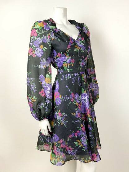 VINTAGE 60s 70s BLACK PURPLE PINK GREEN FLORAL SHEER FLOATY SWEETHEART DRESS 6 8