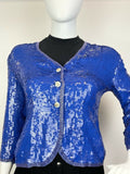 VINTAGE 70s 80s BRIGHT BLUE GOLD DISCO PARTY GLAM SEQUIN TROPHY JACKET 16 18