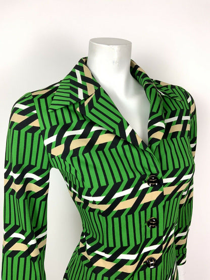 VTG 60s 70s GREEN BLACK WHITE BEIGE GEOMETRIC MOD STRIPED DAGGER SHIRT DRESS 10