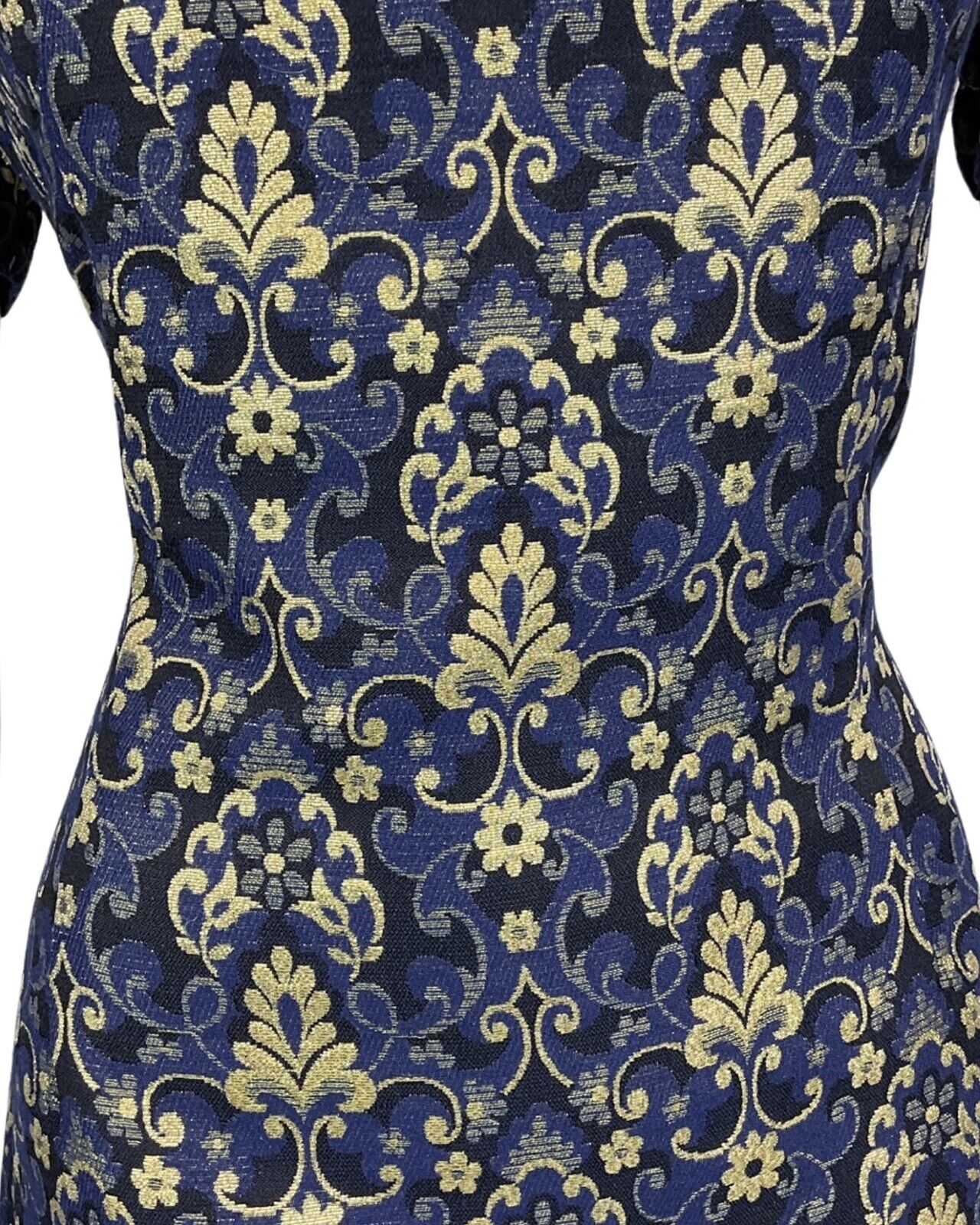 VINTAGE 60s 70s BLUE NAVY GOLD FLORAL MOD MINI PARTY CHRISTMAS EVENING DRESS 14