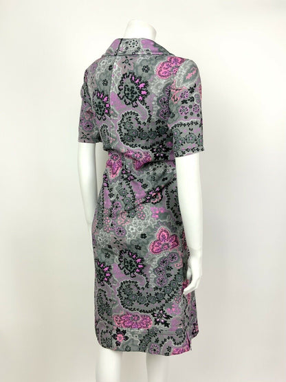 VINTAGE 60s 70s GREY PINK PURPLE BLACK PSYCHEDELIC FLORAL MIDI DRESS 12 14