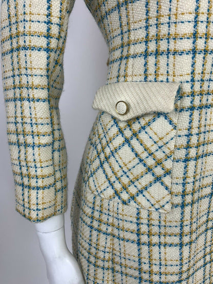 VTG 60s 70s MOD CREAM BLUE YELLOW GOLD PLAID CHECKED WOOL JACKET COAT 10