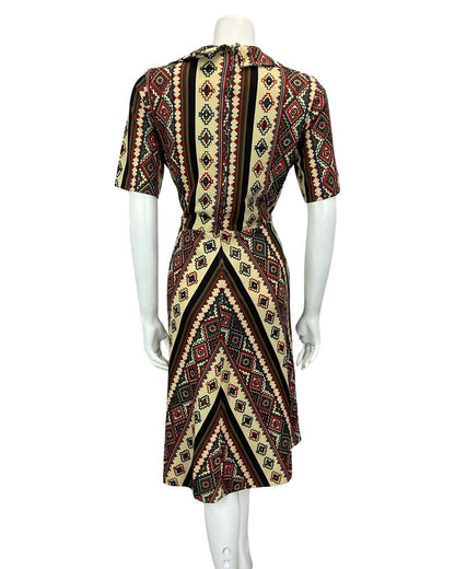 VINTAGE 60s 70s TAN BROWN RED AZTEC FOLK A LINE MIDI DRESS 14