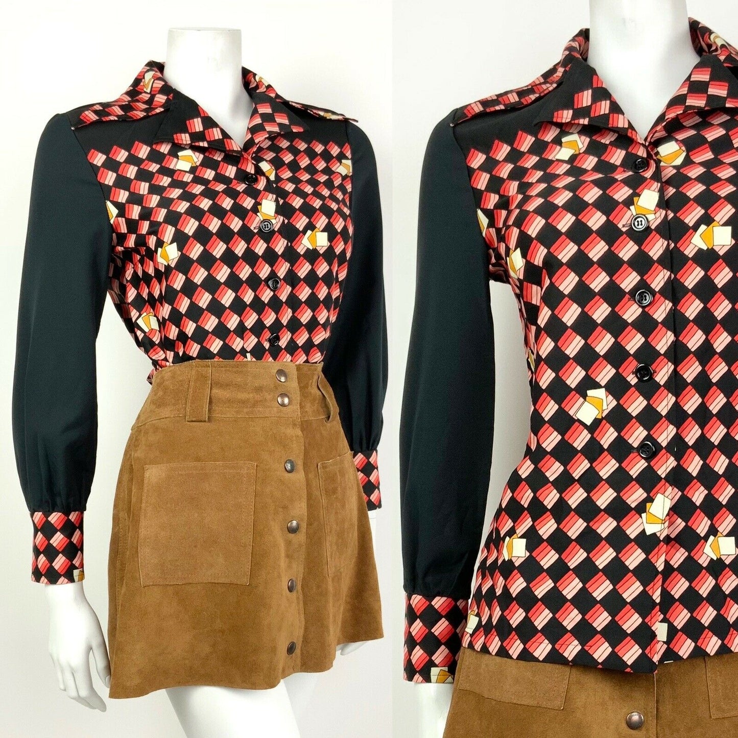 VINTAGE 60s 70s BLACK RED PEACH WHITE GEOMETRIC CHECKERED DAGGER SHIRT 10 12