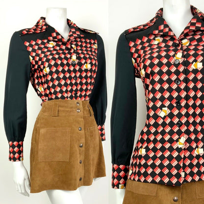 VINTAGE 60s 70s BLACK RED PEACH WHITE GEOMETRIC CHECKERED DAGGER SHIRT 10 12