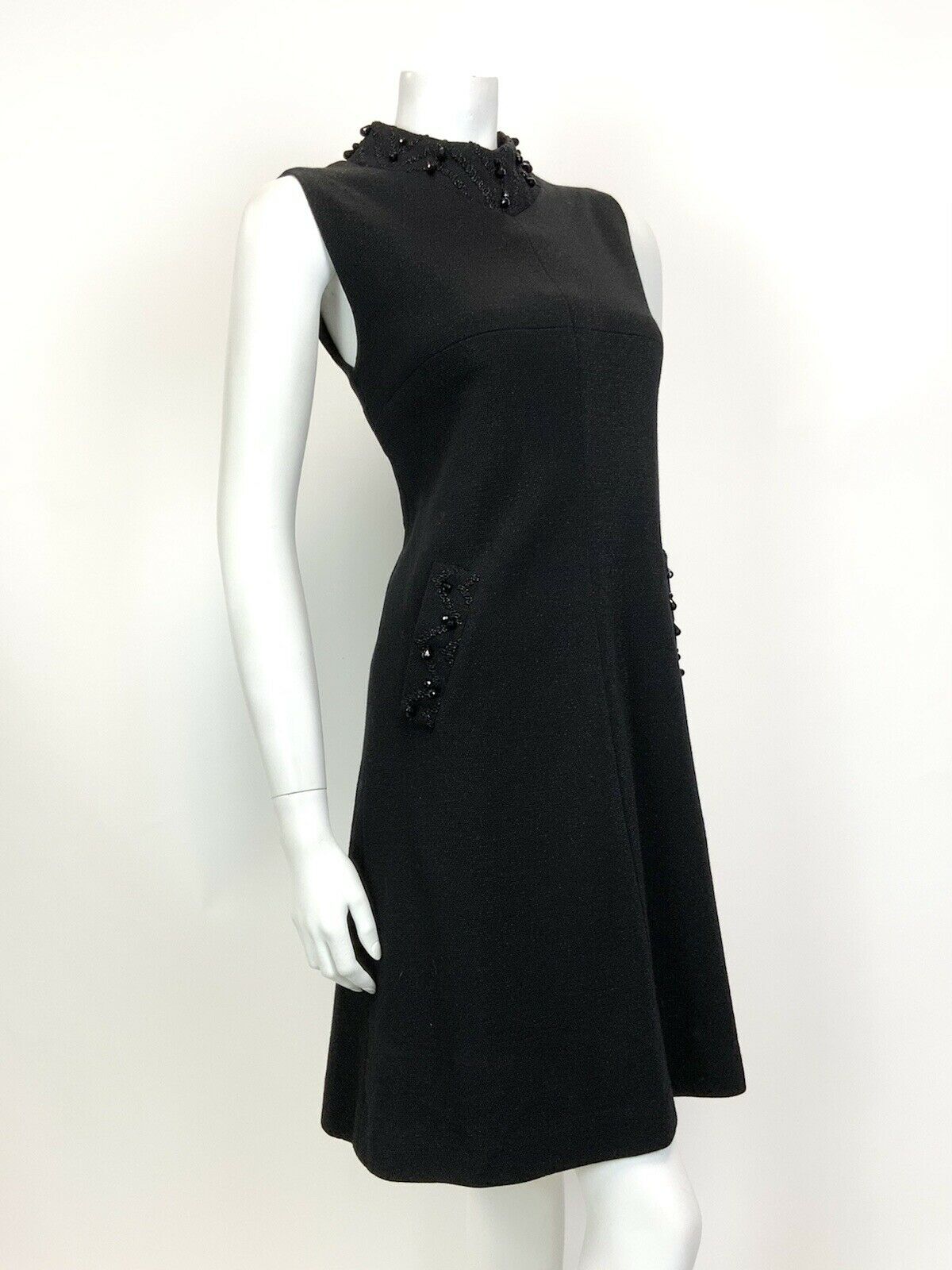 VINTAGE 60s 70s BLACK BEADED DISCO PARTY LUREX MOD A-LINE SWING DRESS 10