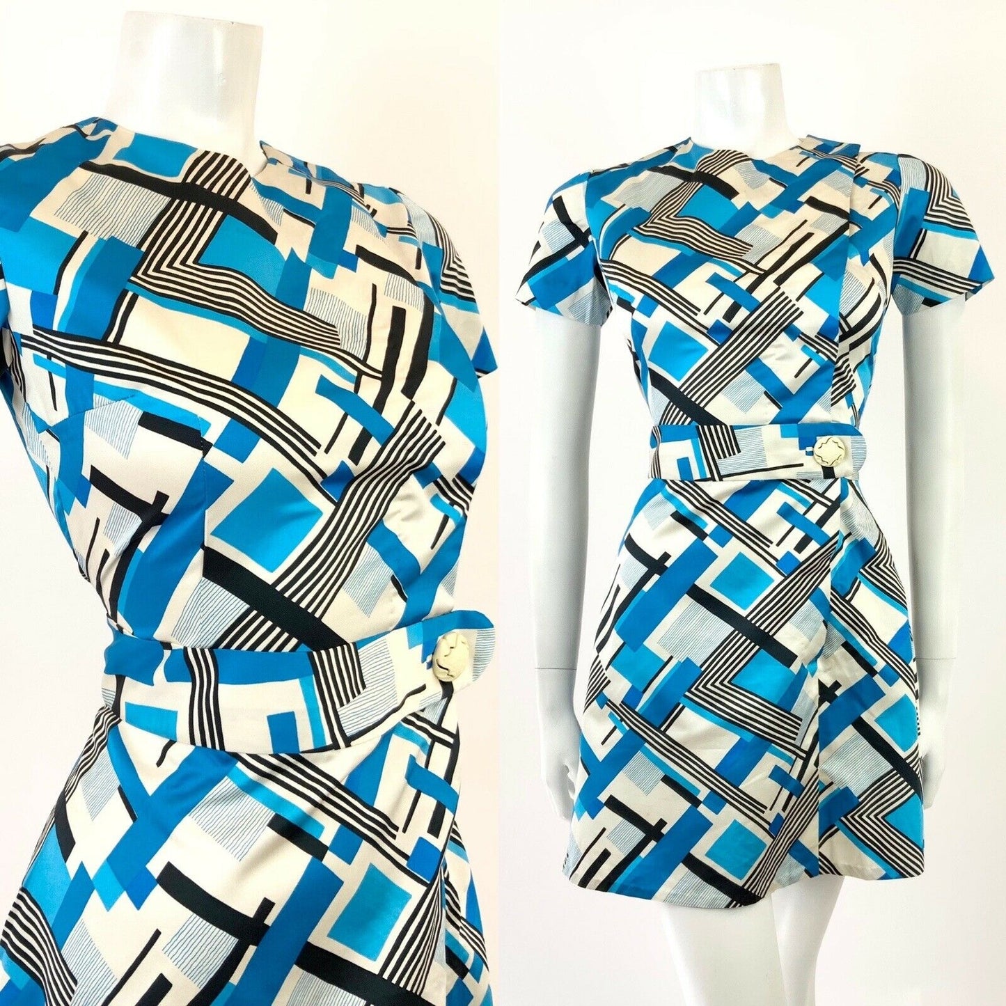 VINTAGE 60s 70s WHITE BLUE BLACK GEOMETRIC CHECKED MINI MOD DRESS 8 10