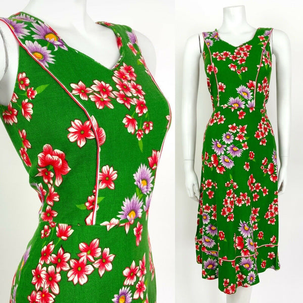 VINTAGE 60s 70s GREEN PURPLE RED HAWAIIAN FLORAL COTTON SUMMER DRESS 4 6