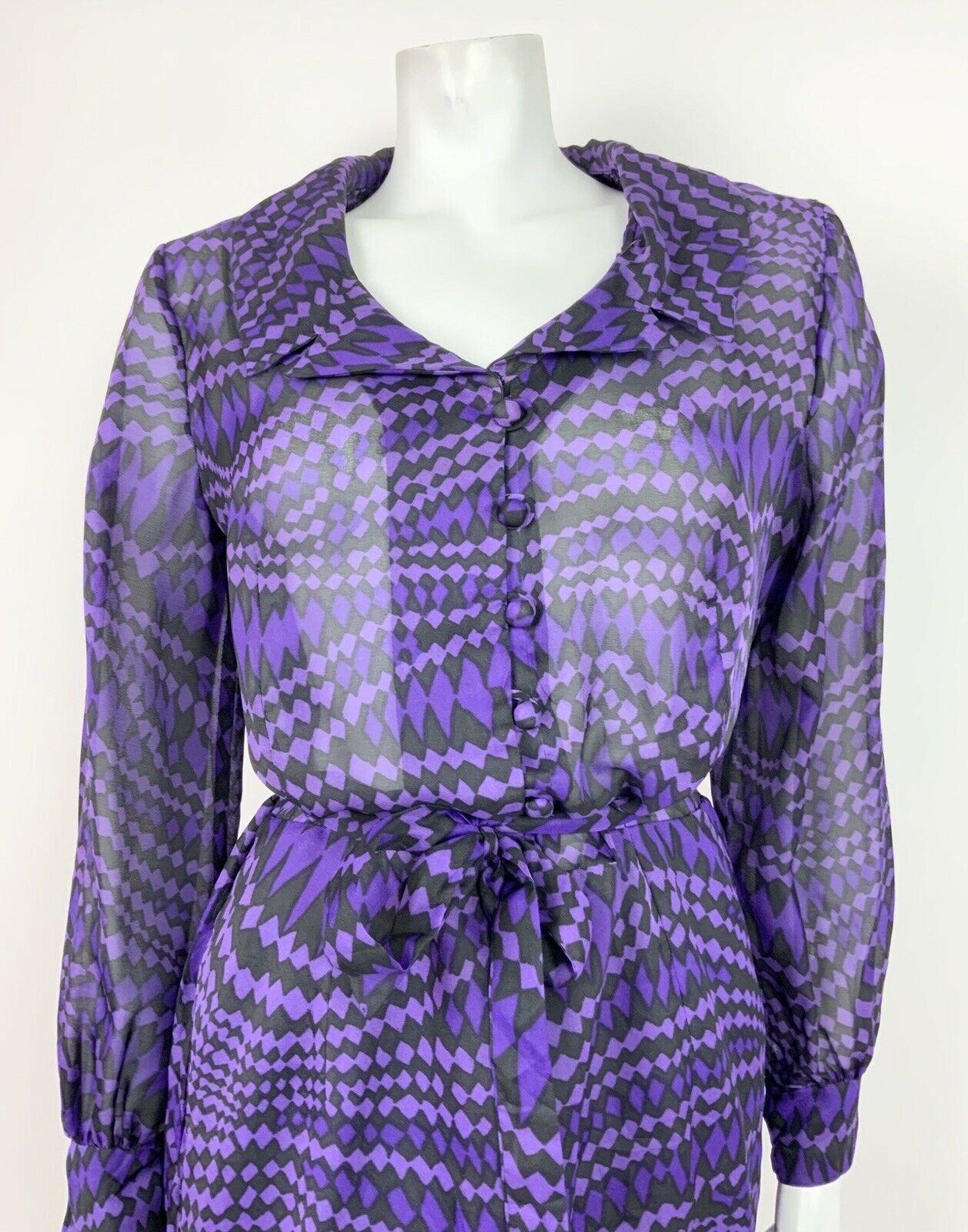 VTG 60s 70s BLACK PURPLE DIAMOND WAVY PSYCHEDELIC SHEER SHIRT DRESS 12 14