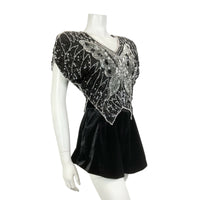 VINTAGE 70s BLACK SILVER SEQUIN BEADED BUTTERFLY DISCO STUDIO 54 GLAM TOP 10