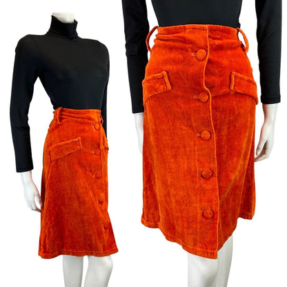 VINTAGE 60s 70s ORANGE VELVET TOWELLING MOD KNEE-LENGTH SKIRT 8