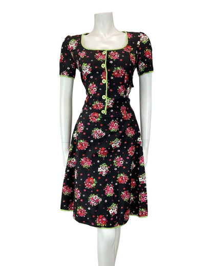 VINTAGE 60s 70s BLACK PINK RED GREEN FLORAL BOUQUET SUMMER PRAIRIE MOD DRESS 10