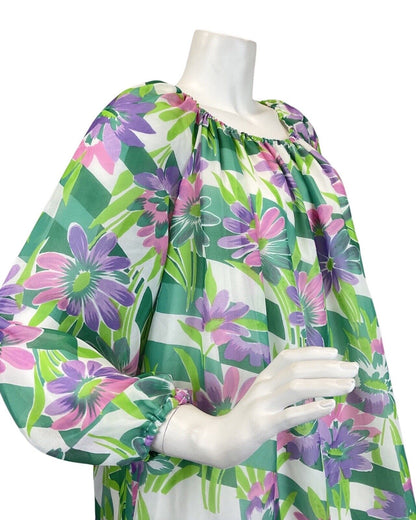 VINTAGE 60s 70s GREEN PINK PURPLE FLORAL FLOATY TENT SHEER MAXI DRESS 12 14